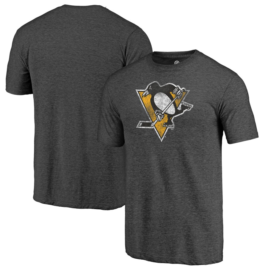Men's Pittsburgh Penguins Charcoal Distressed Logo Tri-Blend T-Shirt - Puhuasuan