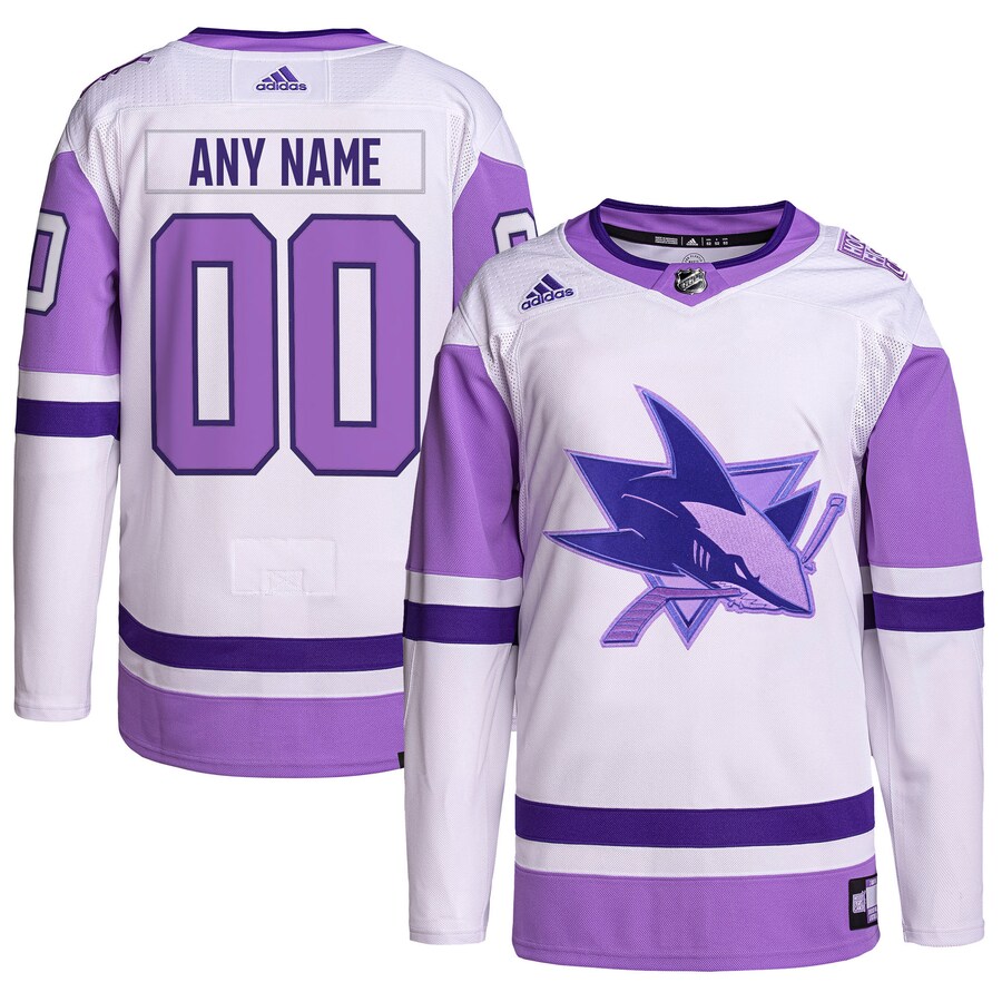 Men's San Jose Sharks adidas White/Purple Hockey Fights Cancer Primegreen Authentic Custom Jersey - Puhuasuan