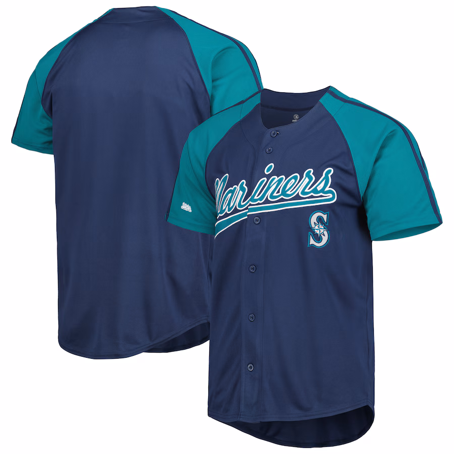 Men's Seattle Mariners Stitches Navy Button-Down Raglan Fashion Jersey - Puhuasuan