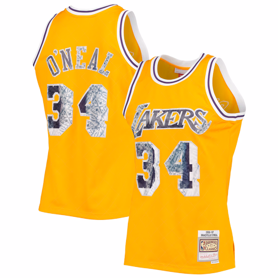 Men's Los Angeles Lakers Shaquille O'Neal Mitchell & Ness Gold 1996-97 Hardwood Classics NBA 75th Anniversary Diamond Swingman Jersey - Puhuasuan