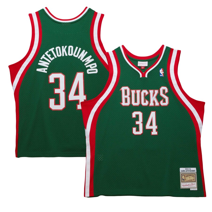 Men's Milwaukee Bucks Giannis Antetokounmpo Mitchell & Ness Hunter Green 2013/14 Hardwood Classics Swingman Jersey - Puhuasuan