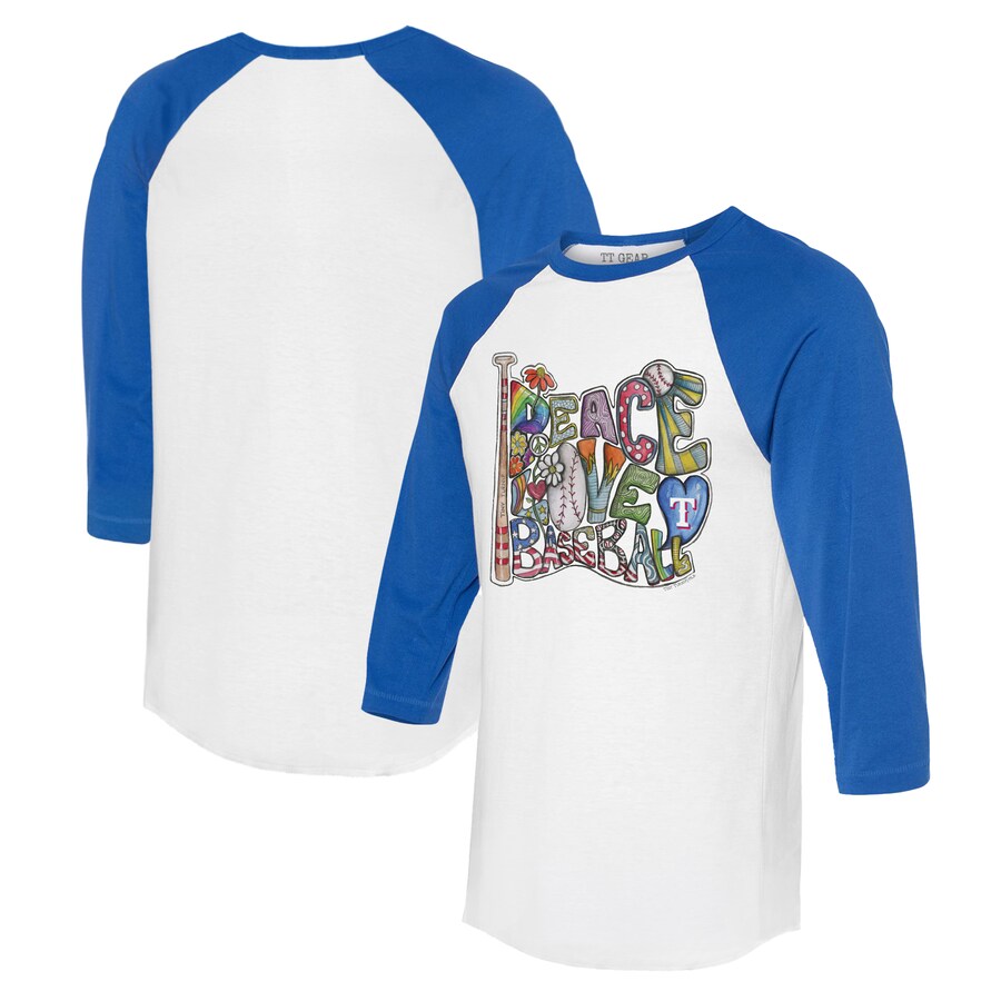 Women's Texas Rangers Tiny Turnip White/Royal Peace Love Baseball 3/4-Sleeve Raglan T-Shirt - Puhuasuan