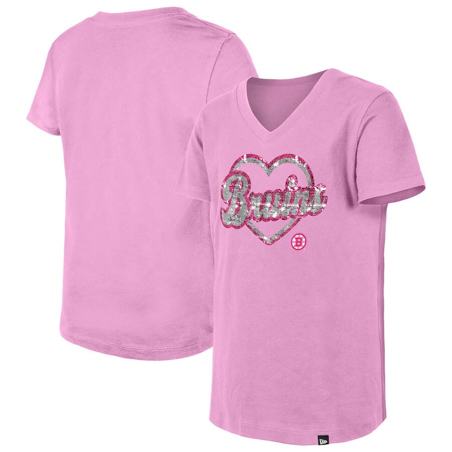 Girl's Youth Boston Bruins New Era Pink Flip Sequin V-Neck T-Shirt - Puhuasuan