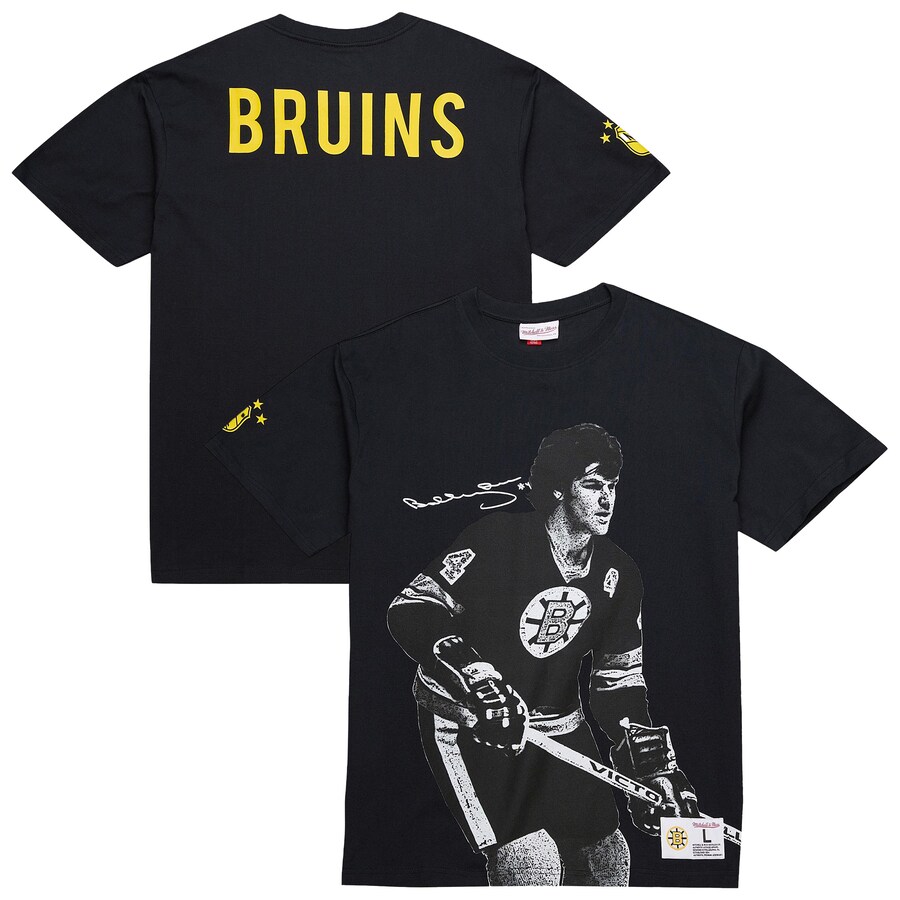 Men's Boston Bruins Bobby Orr Mitchell & Ness Black NHL Ultimate Player Vintage Logo T-Shirt - Puhuasuan