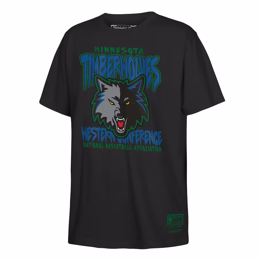 Youth Minnesota Timberwolves Mitchell & Ness Black Retro Mascot Script T-Shirt - Puhuasuan