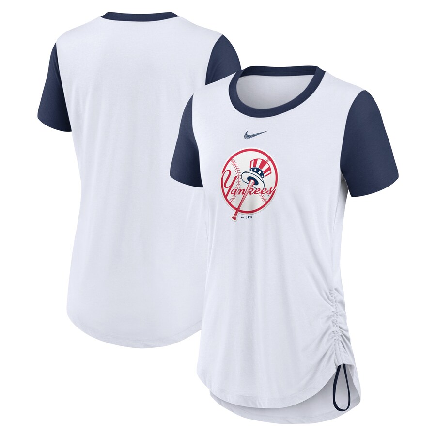 Women's New York Yankees Nike White Hipster Swoosh Cinched Tri-Blend Performance Fashion T-Shirt - Puhuasuan