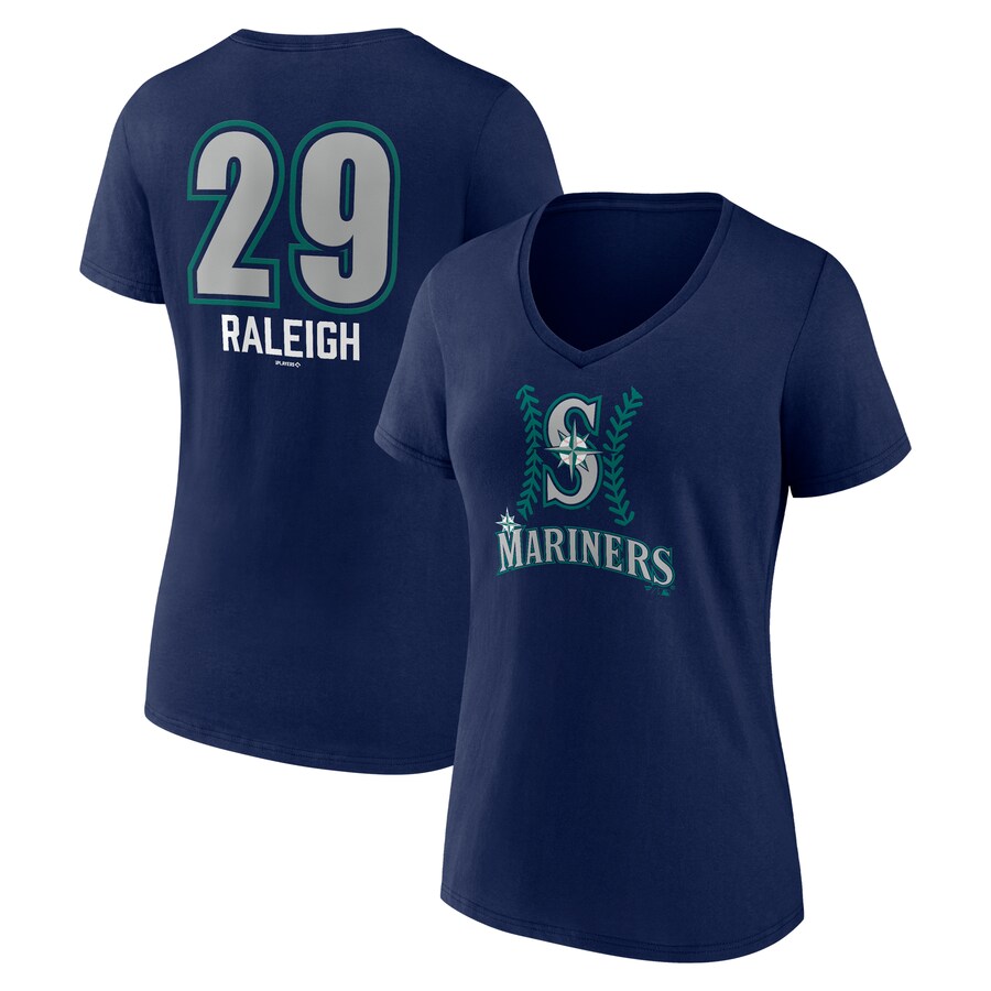 Women's Seattle Mariners Cal Raleigh Navy Name & Number Fastball V-Neck T-Shirt - Puhuasuan