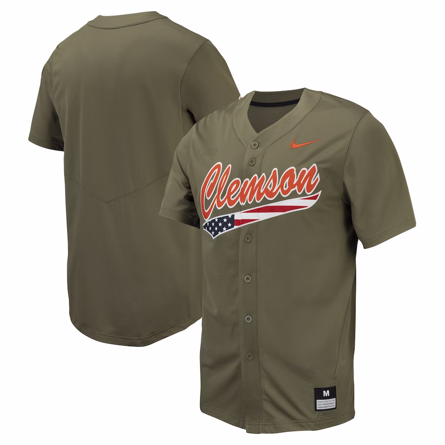 Clemson Tigers Nike Replica Full-Button Baseball Jersey - Olive - Puhuasuan