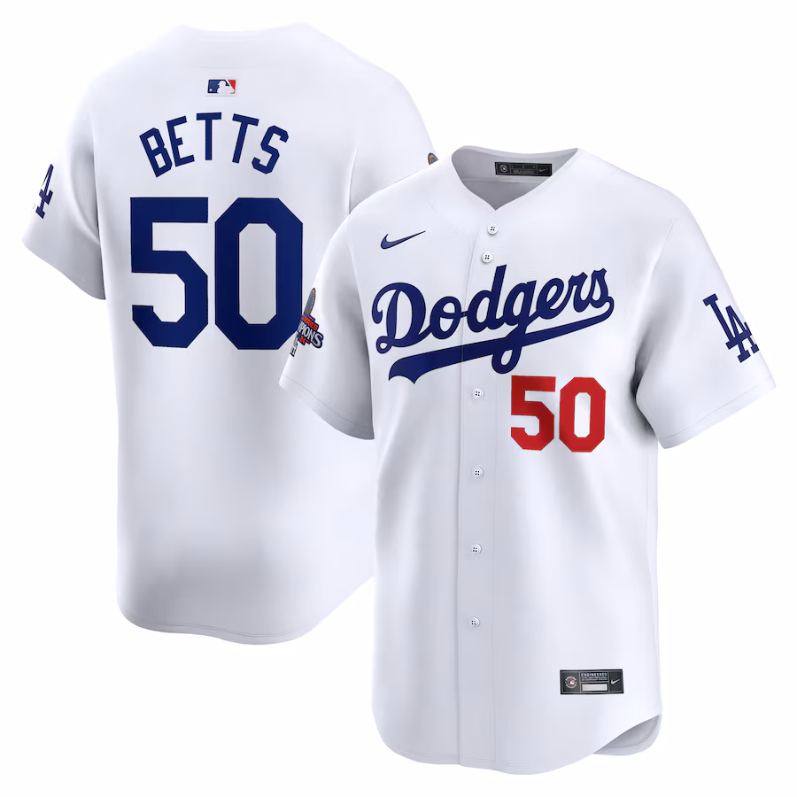 Men's Los Angeles Dodgers Mookie Betts Nike White Home 2024 World Series Champions Limited Jersey - Puhuasuan