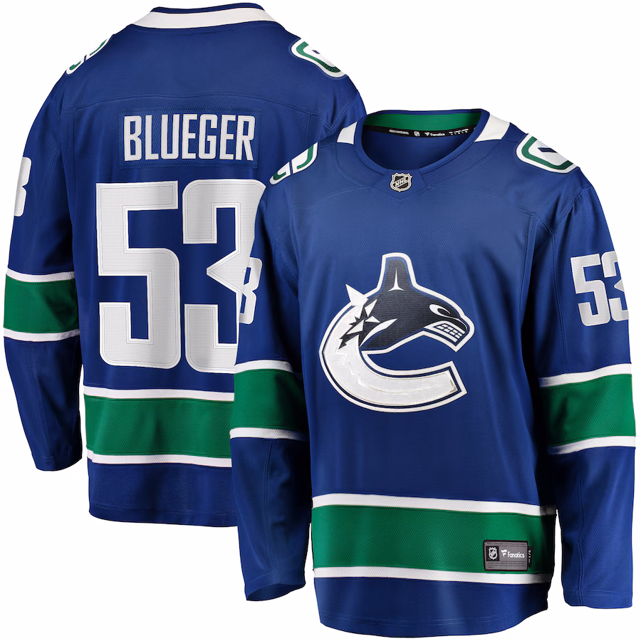 Men's Vancouver Canucks Teddy Blueger Fanatics Blue Home Breakaway Jersey - Puhuasuan