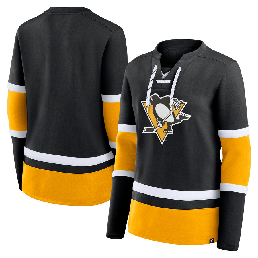 Women's Pittsburgh Penguins Fanatics Black Prime Time Lace-Up Long Sleeve T-Shirt - Puhuasuan