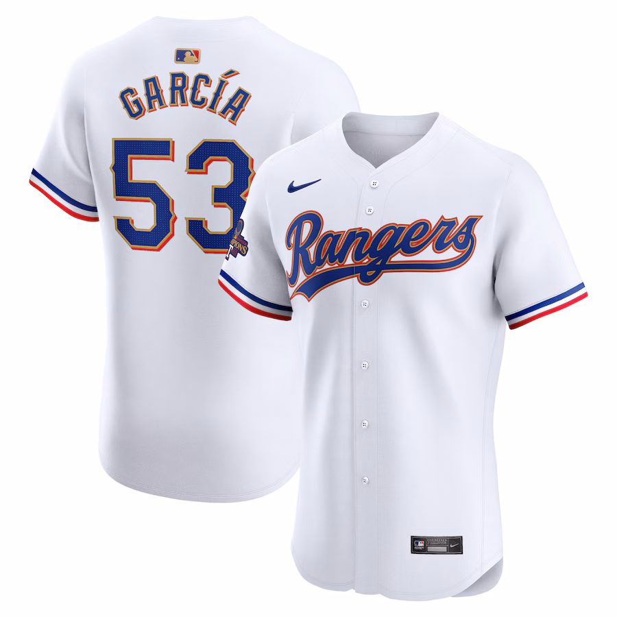 Men's Texas Rangers Adolis Garcia Nike White 2024 Gold Collection Elite Player Jersey - Puhuasuan
