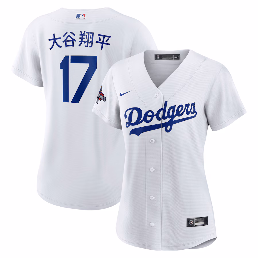 Women's Los Angeles Dodgers Shohei Ohtani Nike White 2024 World Series Champions Home Japanese Characters Replica Player Jersey - Puhuasuan