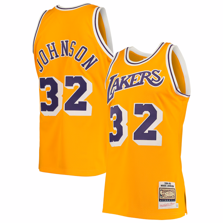 Men's Los Angeles Lakers Magic Johnson Mitchell & Ness Gold 1984/85 Hardwood Classics Authentic Jersey - Puhuasuan