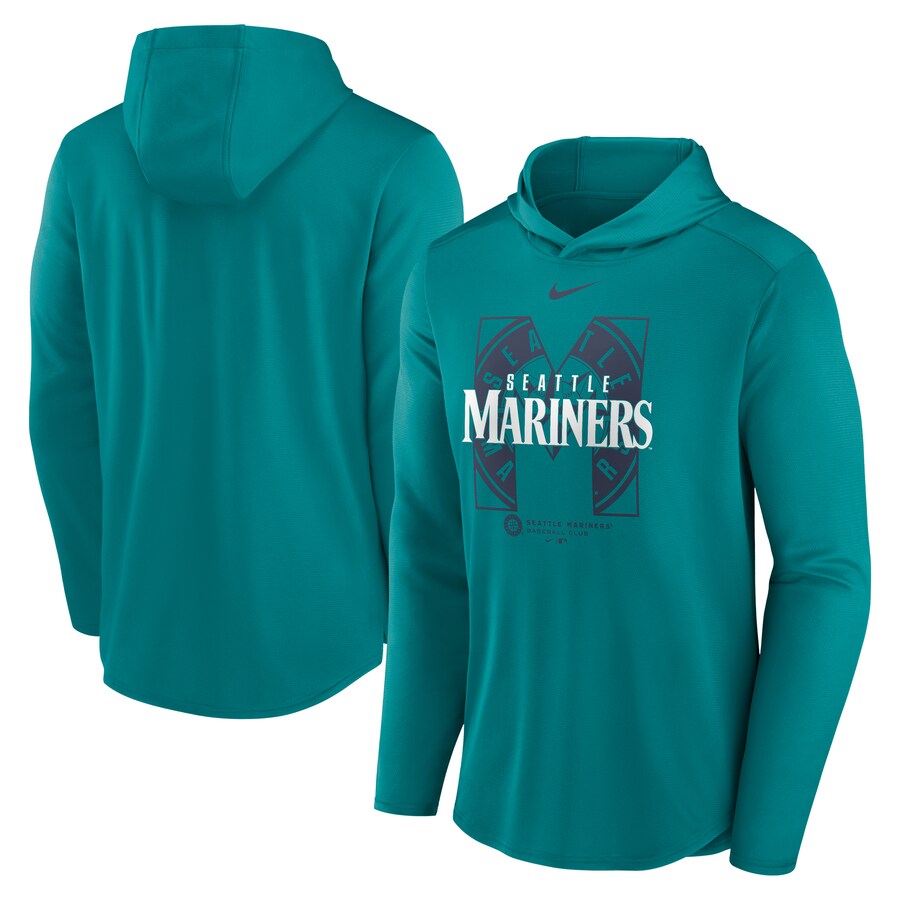 Men's Seattle Mariners Nike Aqua Team Letterman Performance Hooded Long Sleeve T-Shirt - Puhuasuan