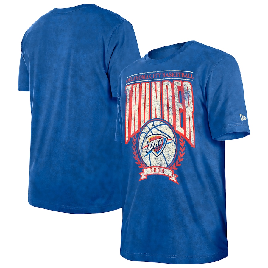 Men's Oklahoma City Thunder  New Era Blue Hardwood Classics Oversized Boxy Mineral Wash T-Shirt - Puhuasuan