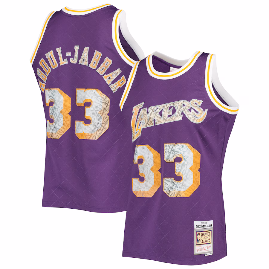 Men's Los Angeles Lakers Kareem Abdul-Jabbar Mitchell & Ness Purple 1996-97 Hardwood Classics NBA 75th Anniversary Diamond Swingman Jersey - Puhuasuan