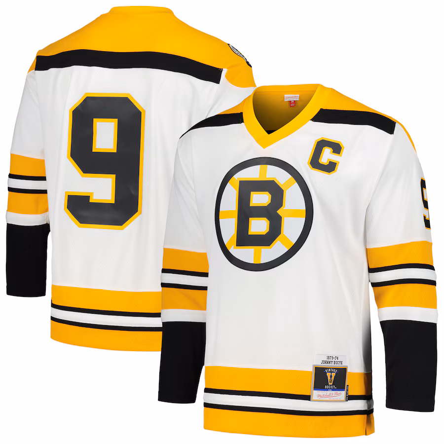 Men's Boston Bruins Johnny Bucyk Mitchell & Ness White 1973/74 Blue Line Player Jersey - Puhuasuan