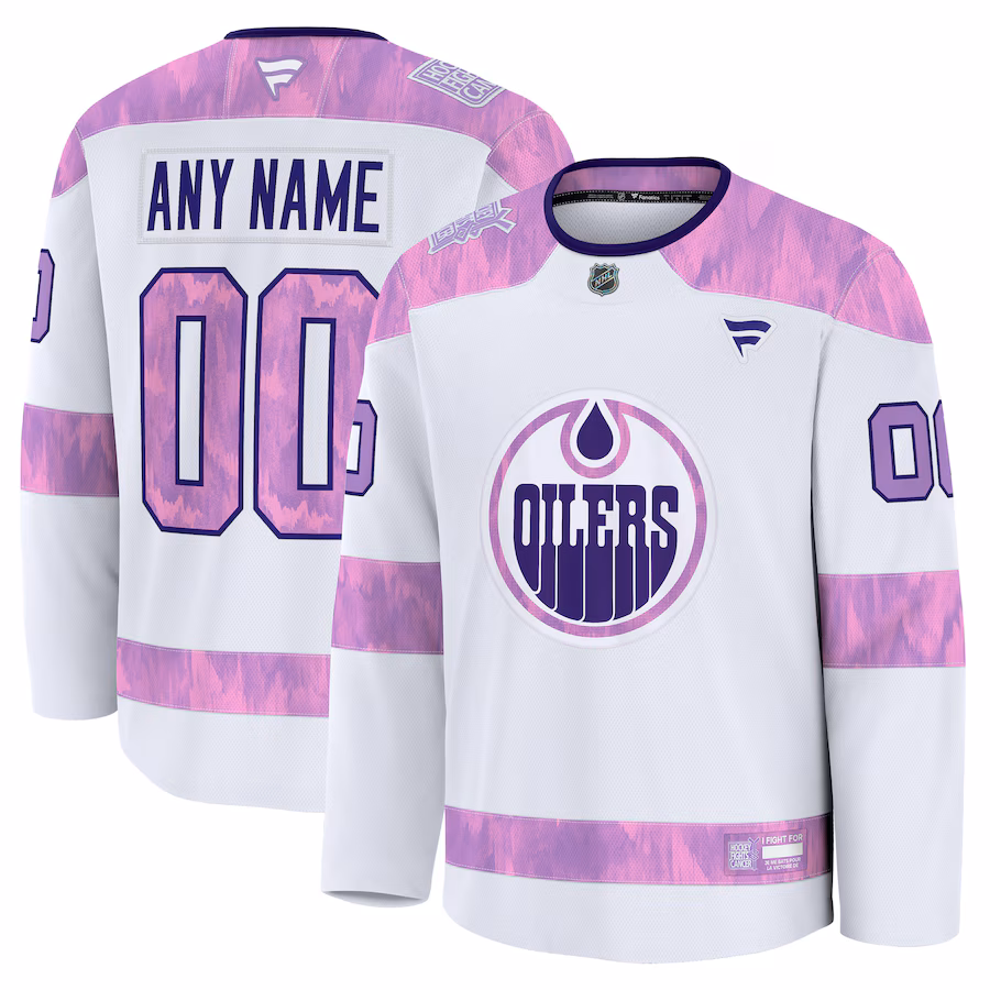 Men's Edmonton Oilers Fanatics White 2024 Hockey Fights Cancer Custom Practice Jersey - Puhuasuan