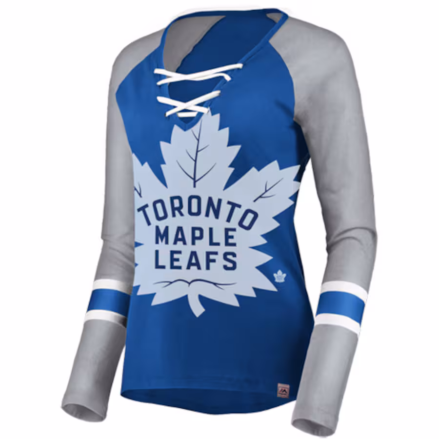 Women's Toronto Maple Leafs Majestic Blue/Gray The Lace Up Raglan Long Sleeve T-Shirt - Puhuasuan