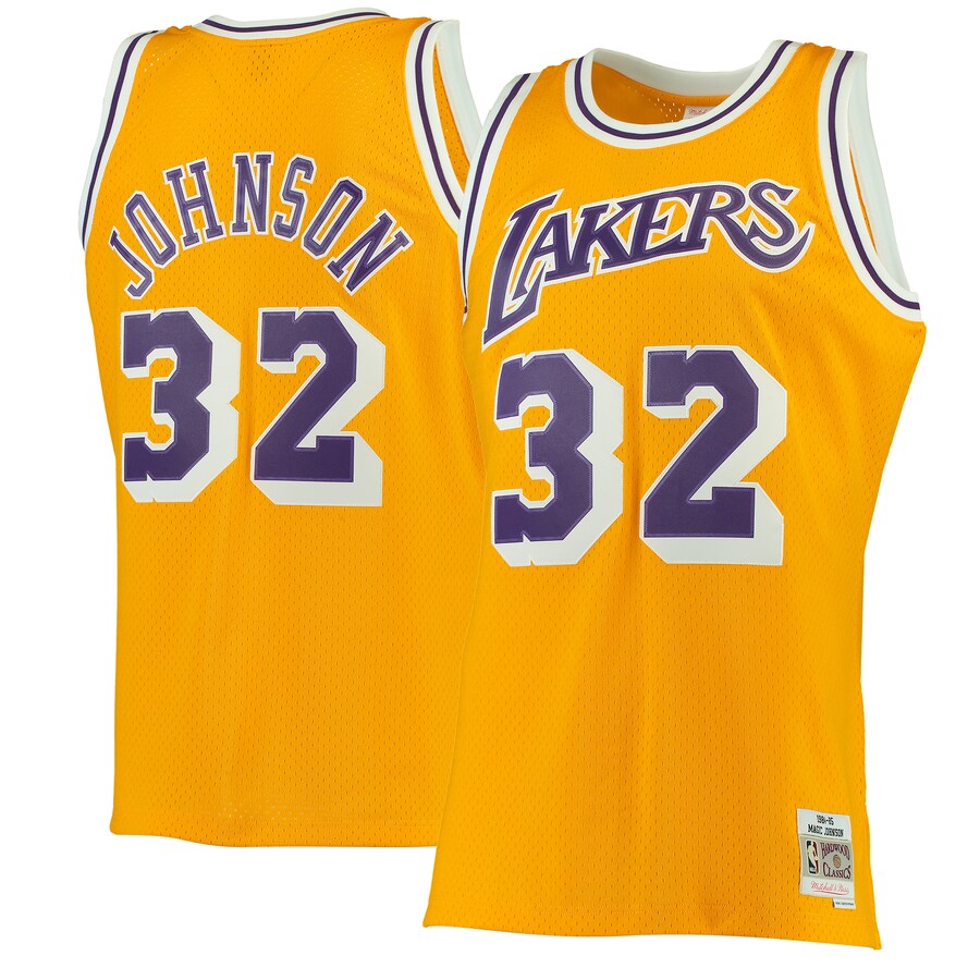 Men's Los Angeles Lakers Magic Johnson Mitchell & Ness Gold 1984/85 Hardwood Classics Swingman Jersey - Puhuasuan