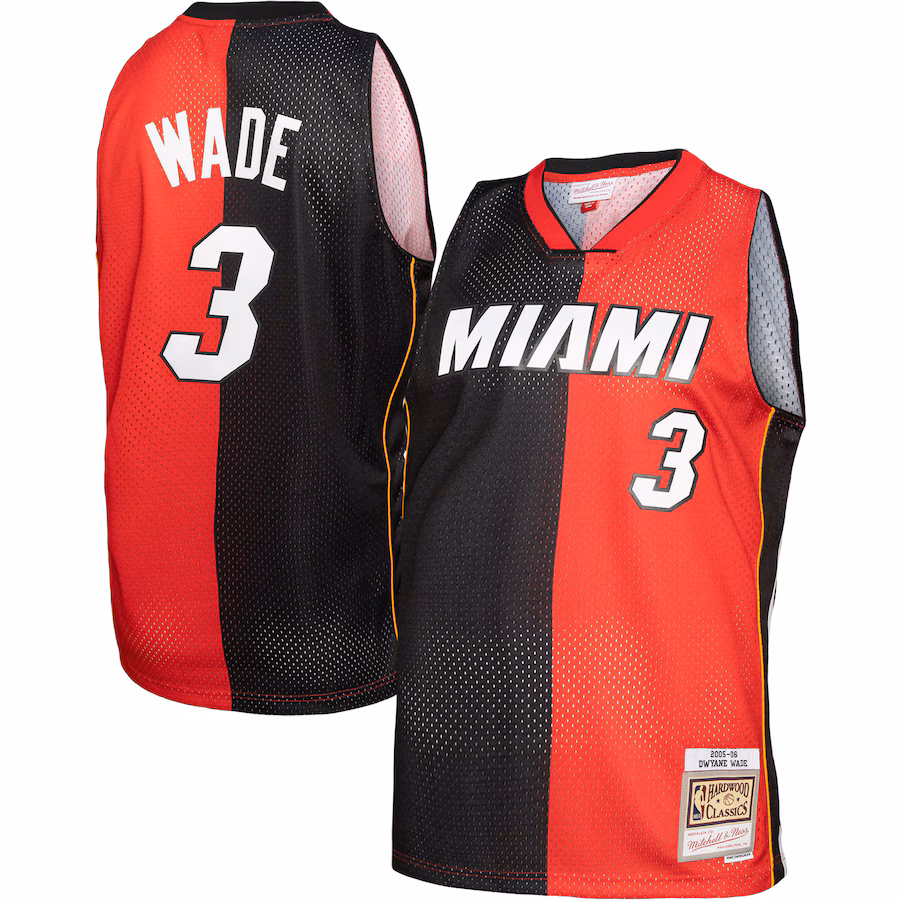 Men's Miami Heat Dwyane Wade Mitchell & Ness Black/Red Hardwood Classics 2005/06 Split Swingman Jersey - Puhuasuan