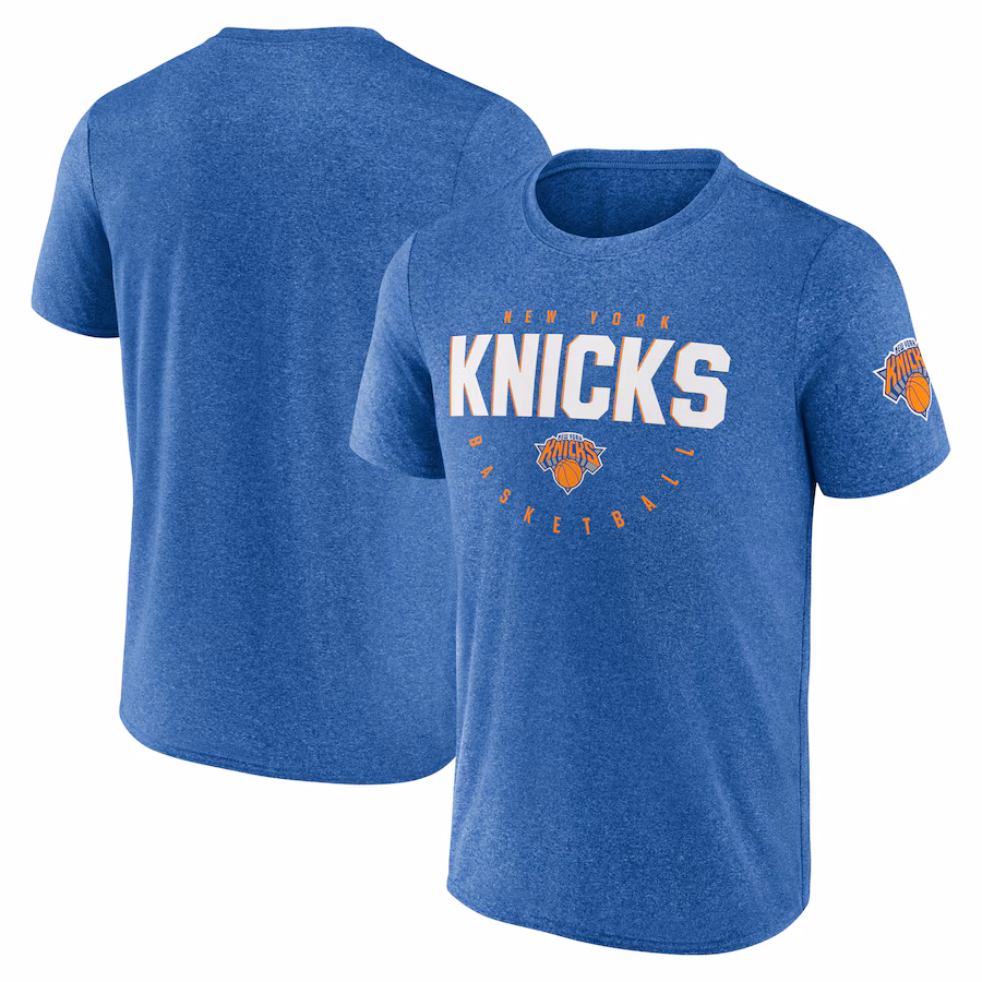 Men's New York Knicks Heather Blue Block Practice Performance T-Shirt - Puhuasuan