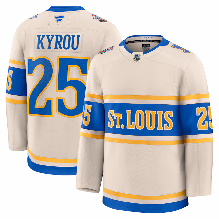Men's St. Louis Blues Jordan Kyrou Fanatics Cream 2025 NHL Winter Classic Premium Player Jersey - Puhuasuan
