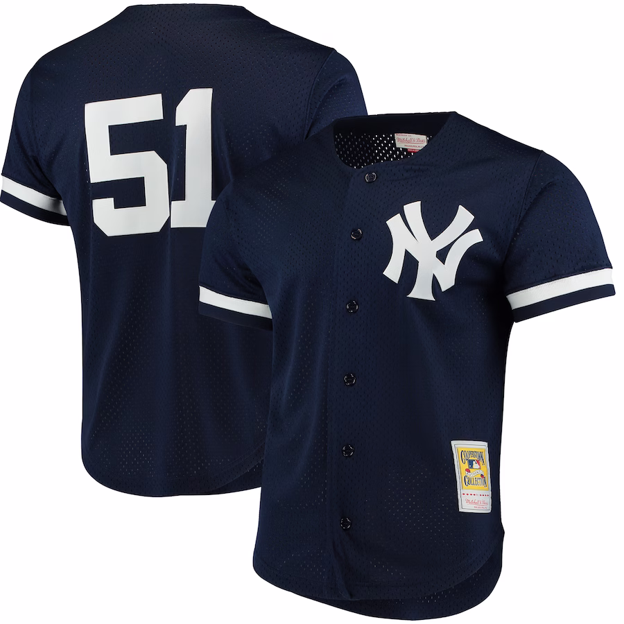Men's New York Yankees Bernie Williams Mitchell & Ness Navy Cooperstown Collection Mesh Batting Practice Button-Up Jersey - Puhuasuan