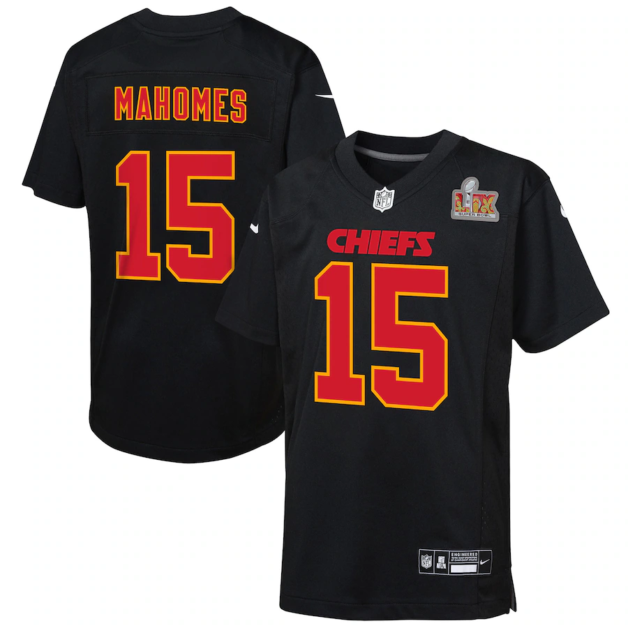 Youth Kansas City Chiefs Patrick Mahomes Nike Carbon Black Super Bowl LIX Patch Fashion Game Jersey - Puhuasuan