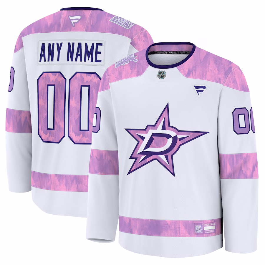 Men's Dallas Stars Fanatics White 2024 Hockey Fights Cancer Custom Practice Jersey - Puhuasuan