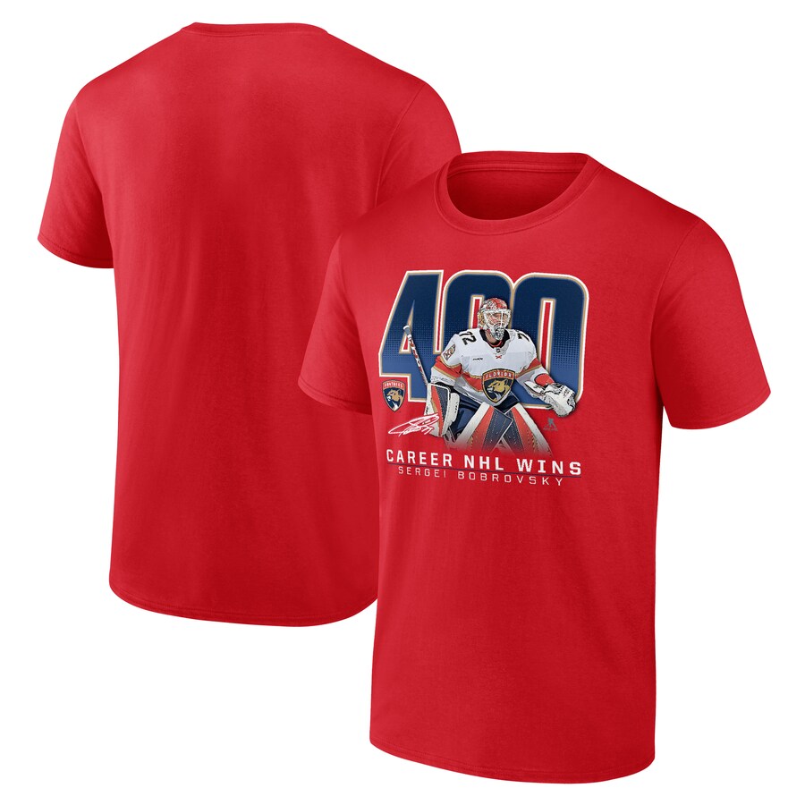 Men's Florida Panthers Sergei Bobrovsky Red 400 Career Wins T-Shirt - Puhuasuan