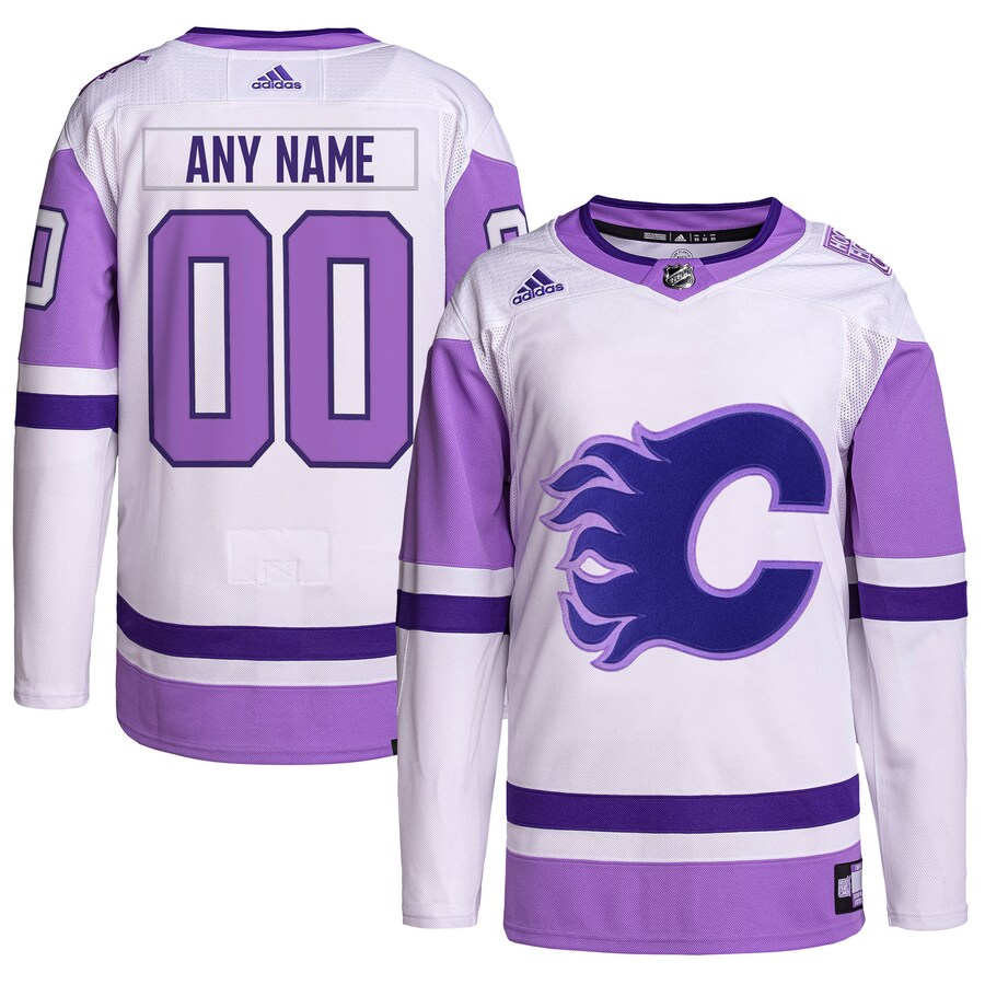 Men's Calgary Flames adidas White/Purple Hockey Fights Cancer Primegreen Authentic Custom Jersey - Puhuasuan