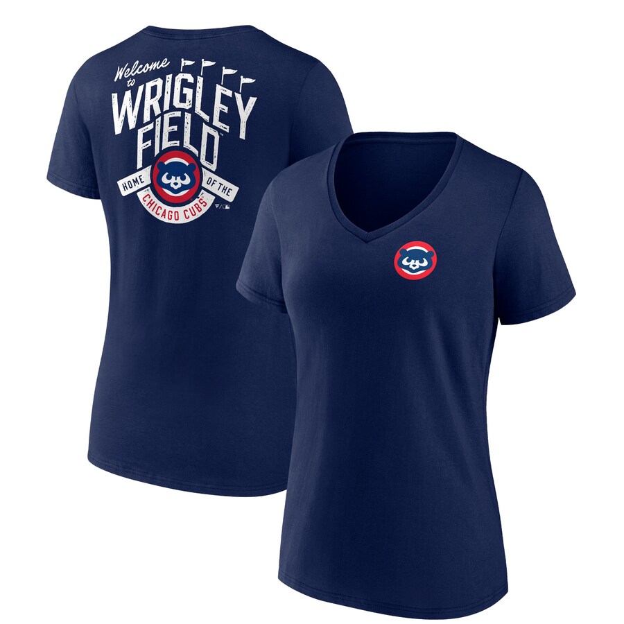 Women's Chicago Cubs Navy Hometown Collection Wrigley V-Neck T-Shirt - Puhuasuan
