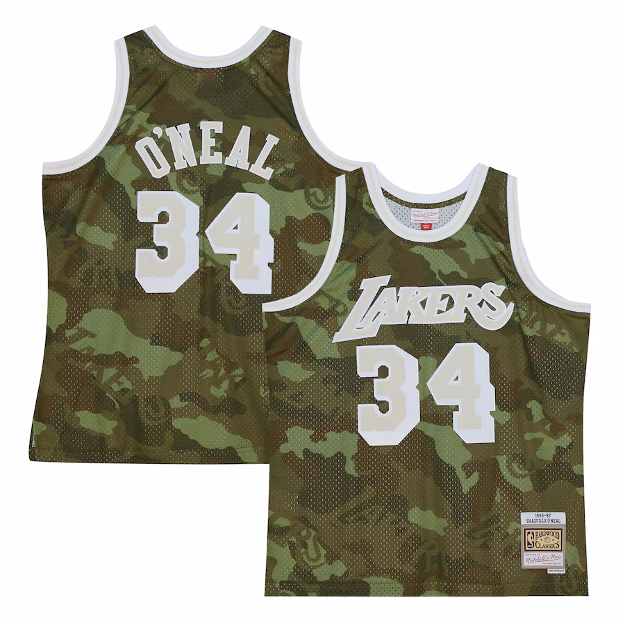 Men's Los Angeles Lakers Shaquille O'Neal Mitchell & Ness Camo Hardwood Classics 1996/97 Ghost Green Swingman Jersey - Puhuasuan