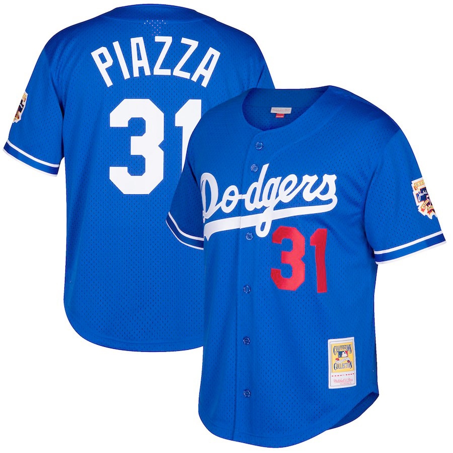 Men's Los Angeles Dodgers Mike Piazza Mitchell & Ness Royal Big & Tall Cooperstown Collection Mesh Button-Up Jersey - Puhuasuan