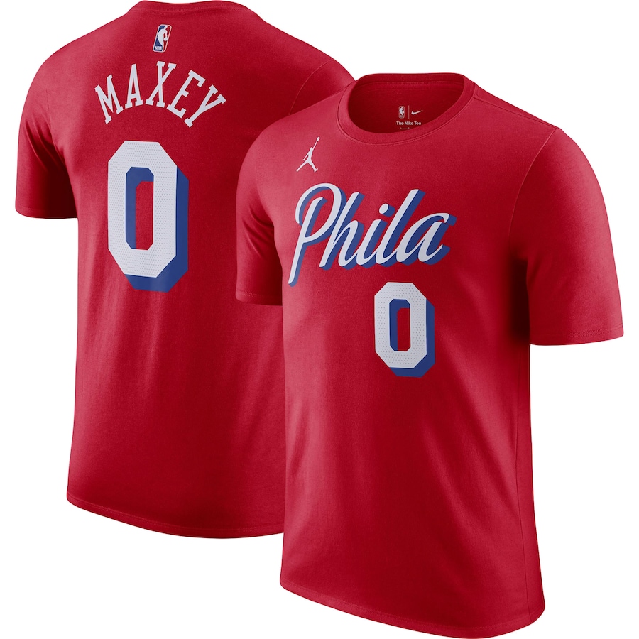 Men's Philadelphia 76ers Tyrese Maxey Jordan Brand Red 2022/23 Statement Edition Name & Number T-Shirt - Puhuasuan