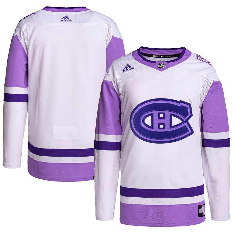 Men's Montreal Canadiens adidas White/Purple Hockey Fights Cancer Primegreen Authentic Blank Practice Jersey - Puhuasuan