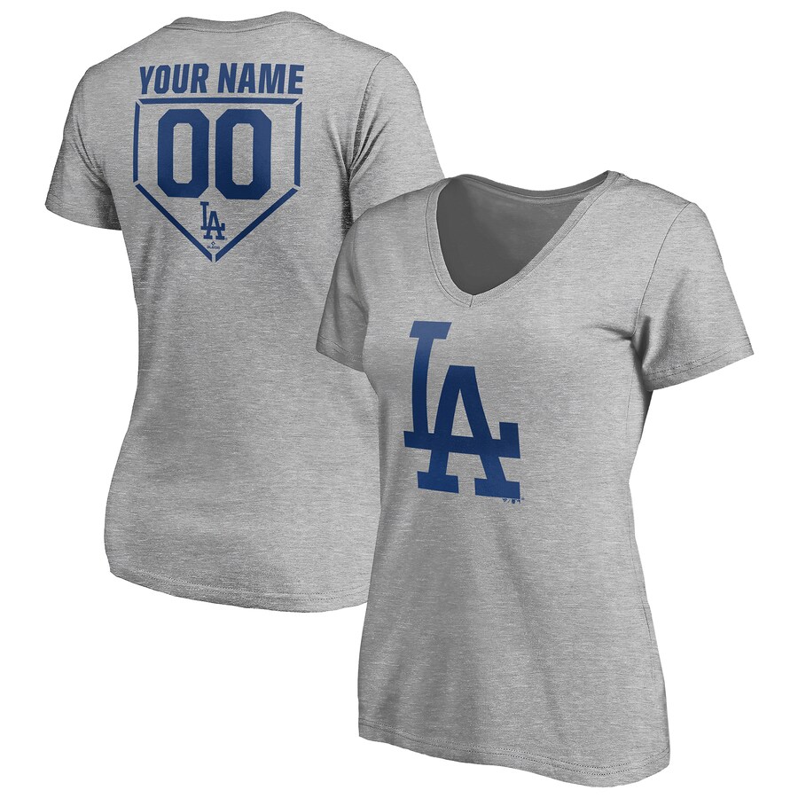 Women's Los Angeles Dodgers Heathered Gray Personalized RBI Logo V-Neck T-Shirt - Puhuasuan