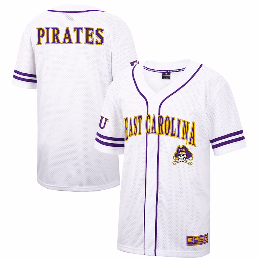 ECU Pirates Colosseum Free Spirited Mesh Button-Up Baseball Jersey - White - Puhuasuan