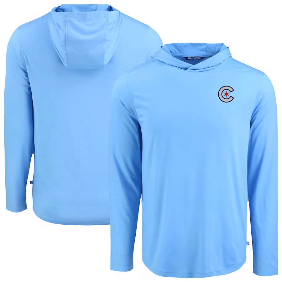 Men's Chicago Cubs Cutter & Buck Powder Blue Coastline Epic Comfort Recycled Eco Hoodie Long Sleeve T-Shirt - Puhuasuan