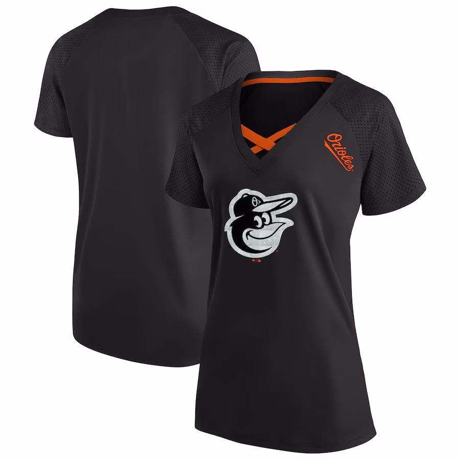 Women's Baltimore Orioles Profile Black Plus Size Glitter Raglan V-Neck T-Shirt - Puhuasuan