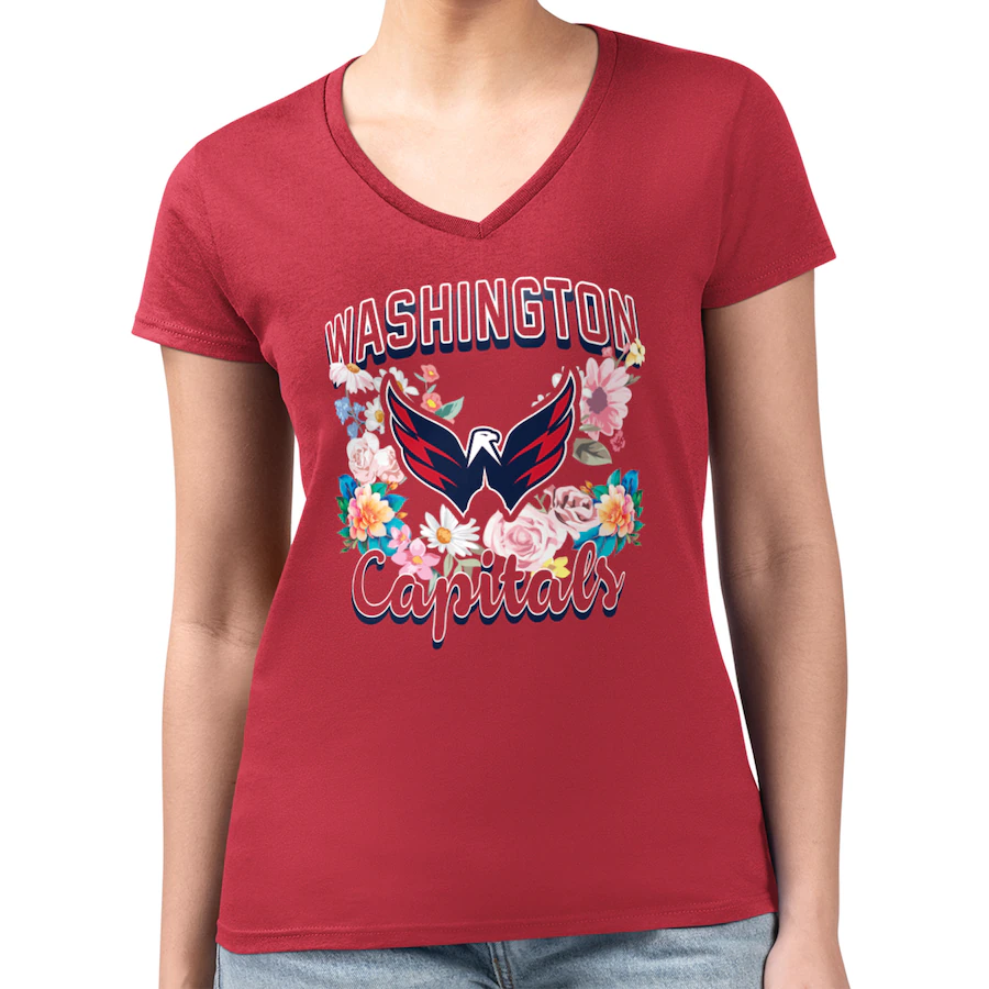Women's Washington Capitals G-III 4Her by Carl Banks Red Flower Logo Fitted V-Neck T-Shirt - Puhuasuan