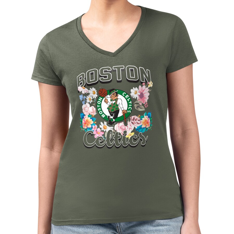 Women's Boston Celtics G-III 4Her by Carl Banks Olive Flowers Team Logo Graphic Fitted V-Neck T-Shirt - Puhuasuan