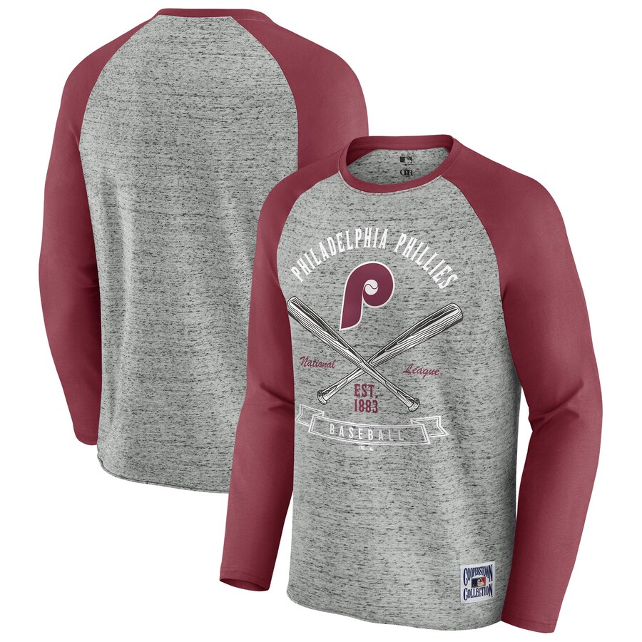 Men's Philadelphia Phillies Darius Rucker Collection by Fanatics Heather Gray Raw Edge Raglan Long Sleeve Baseball T-Shirt - Puhuasuan