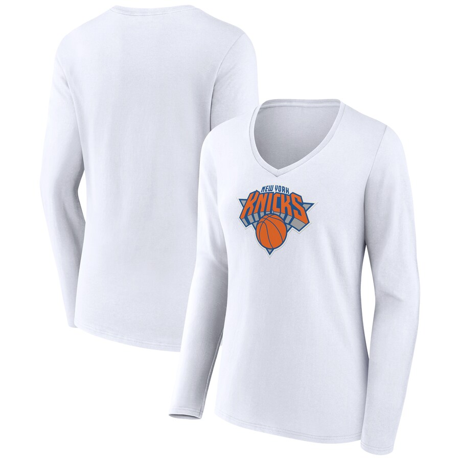 Women's New York Knicks White Logo Long Sleeve V-Neck T-Shirt - Puhuasuan