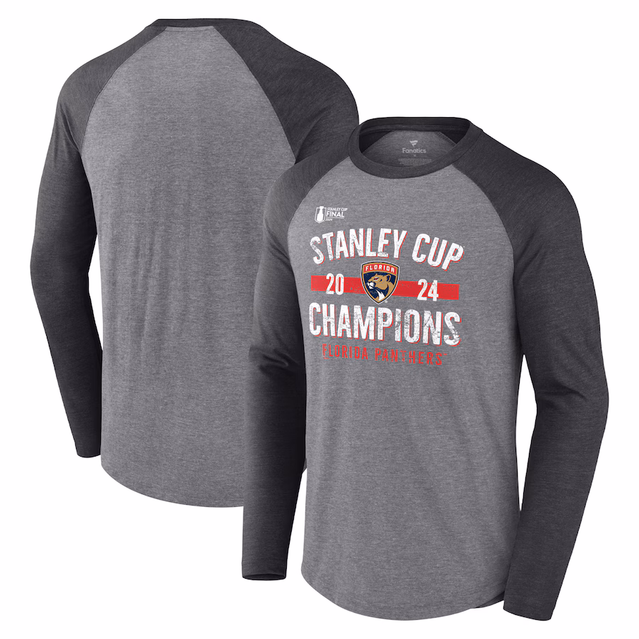 Men's Florida Panthers Fanatics Heather Gray 2024 Stanley Cup Champions Throwback Tri-Blend Raglan Long Sleeve T-Shirt - Puhuasuan