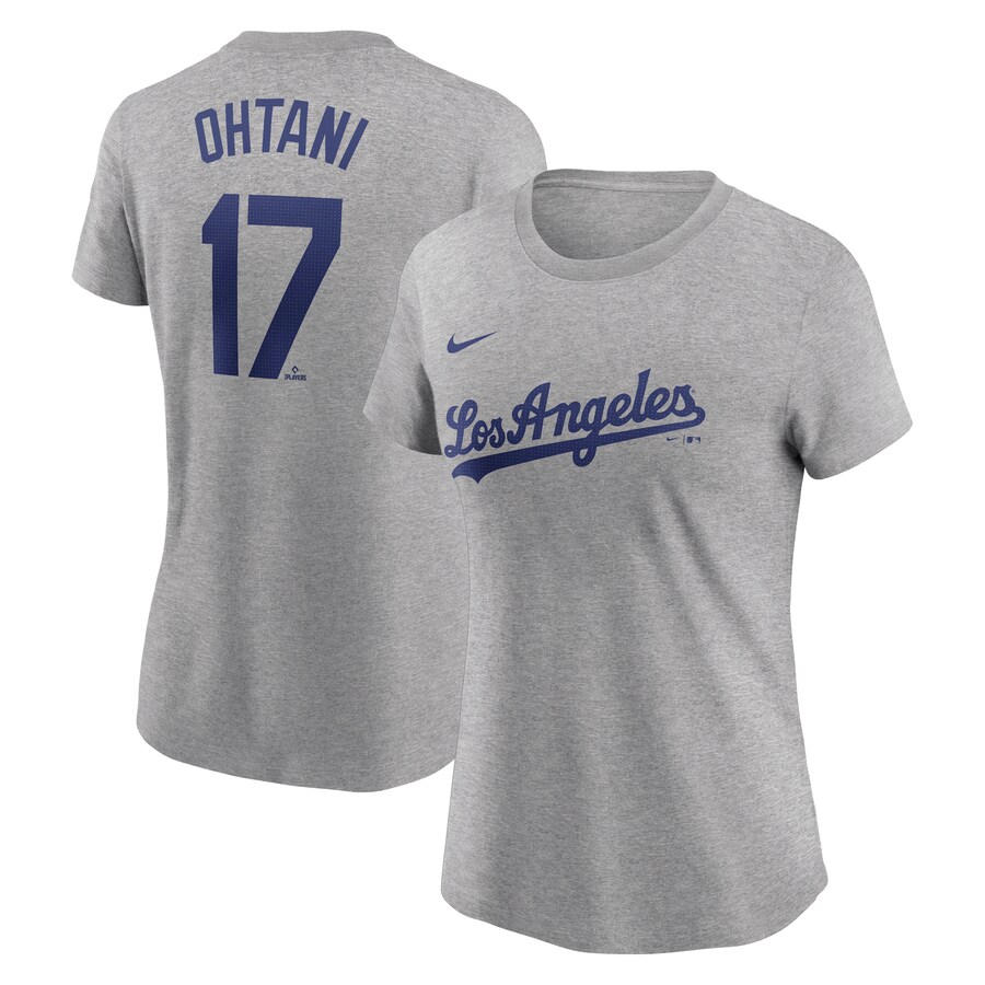 Women's Los Angeles Dodgers Shohei Ohtani Nike Heather Gray Fuse Name & Number T-Shirt - Puhuasuan