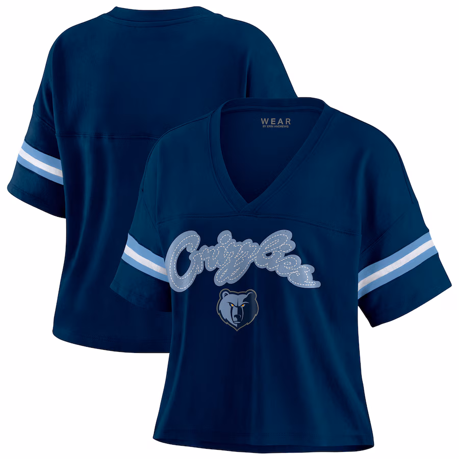 Women's Memphis Grizzlies WEAR by Erin Andrews Navy Color Block Boxy V-Neck T-Shirt - Puhuasuan