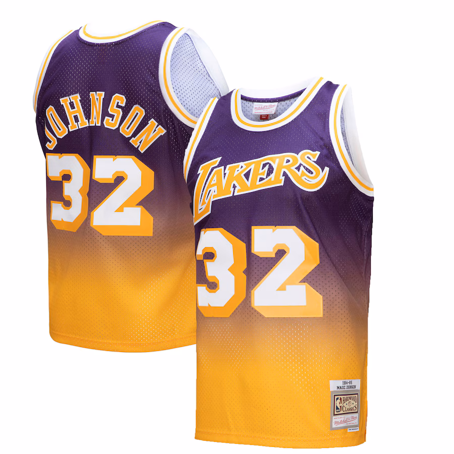 Men's Los Angeles Lakers Magic Johnson Mitchell & Ness Gold/Purple 1984/85 Hardwood Classics Fadeaway Swingman Player Jersey - Puhuasuan